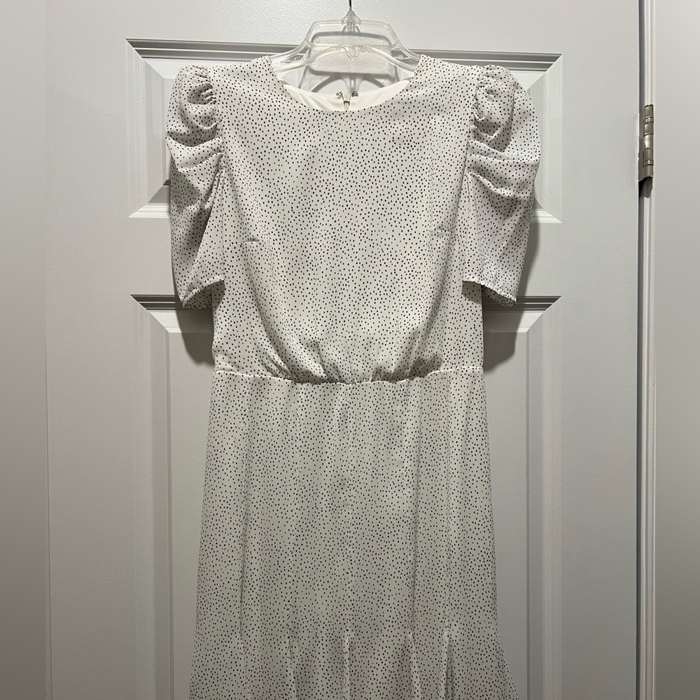 Express White Midi Dress with Black Micro Dots and Puff Sleeves